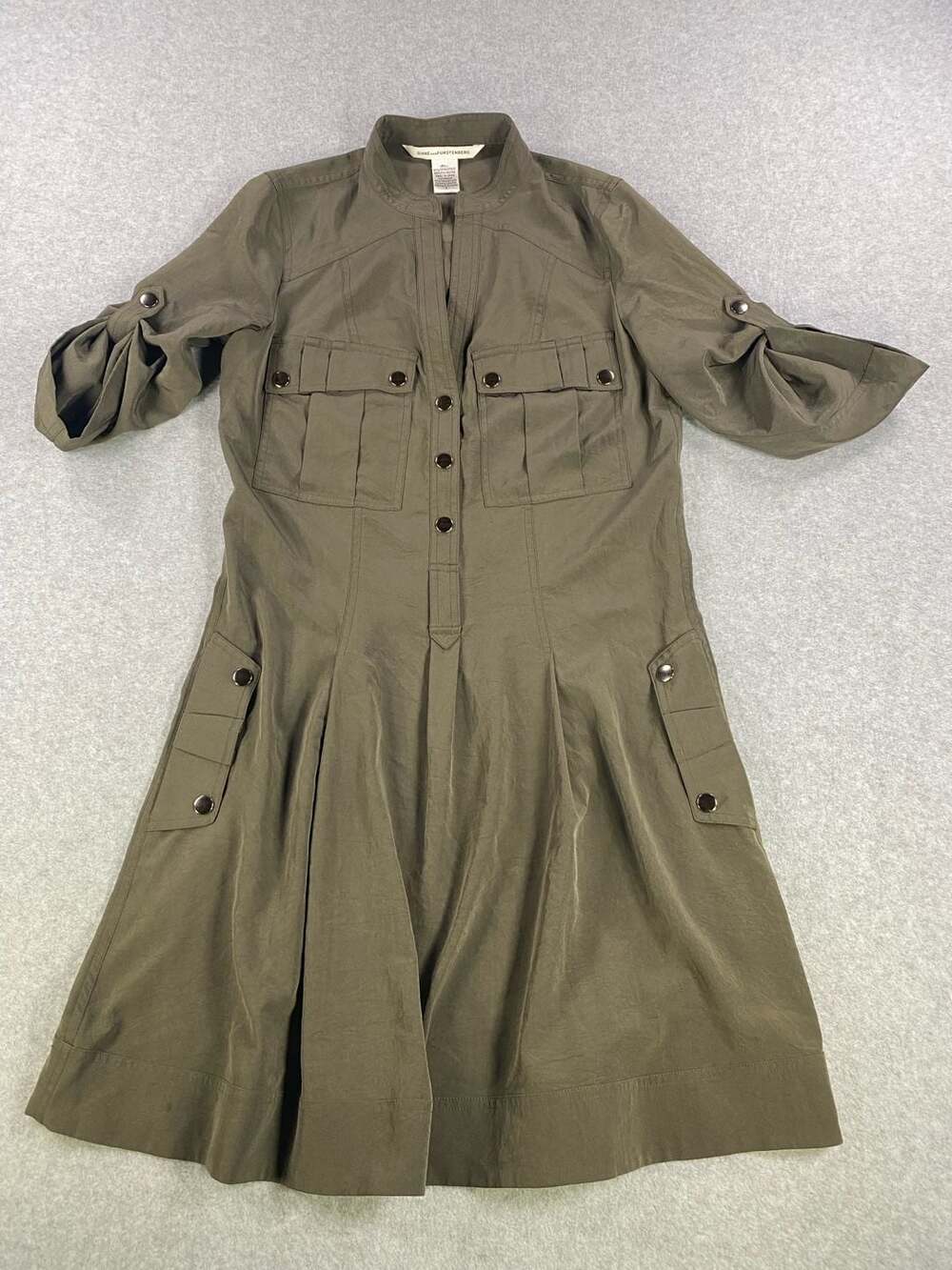 Diane von Furstenberg Utility Shirt Dress in Olive Green, Size 2